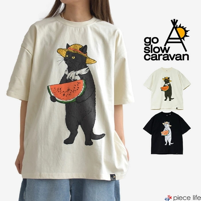 【2025新作】ゴースローキャラバン 半袖 Tシャツ スイカ猫 メンズ レディース USAコットン トップス ゆったりTEE プリントT 半袖T 春 夏 秋 M L XL 341926