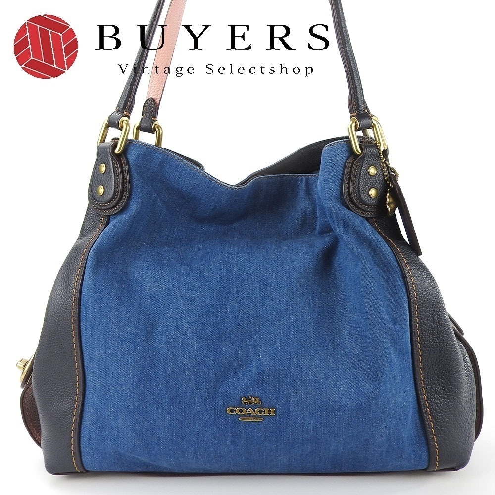 中古 トートバッグ 28916 デニム レザー ブルー ネイビー ピンク 肩がけ フラワー レディース 女性