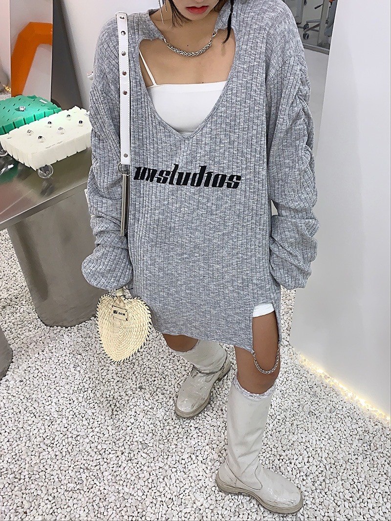 ニットハート長袖チェーンボトムシャツ ニットTシャツ スカート レディース ボトミングニット アメカジ カジュアルストリート セクシー a4397