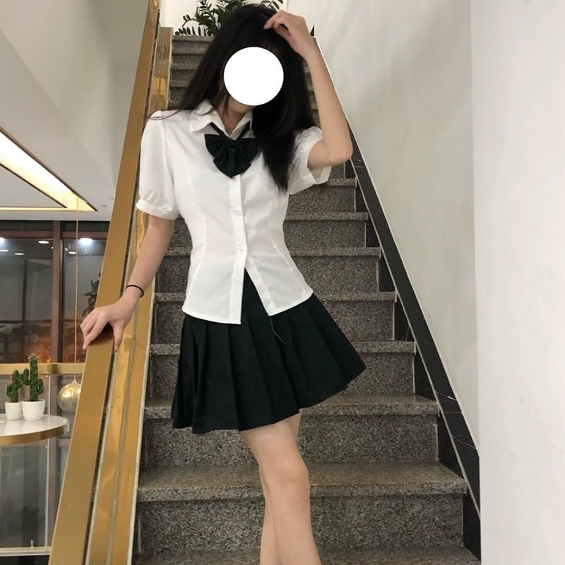 【1つ買うと10つ無料】夏の純粋なウエスト閉じたシャツの女性用スリムストラップjkユニフォームシャツプリーツスカート