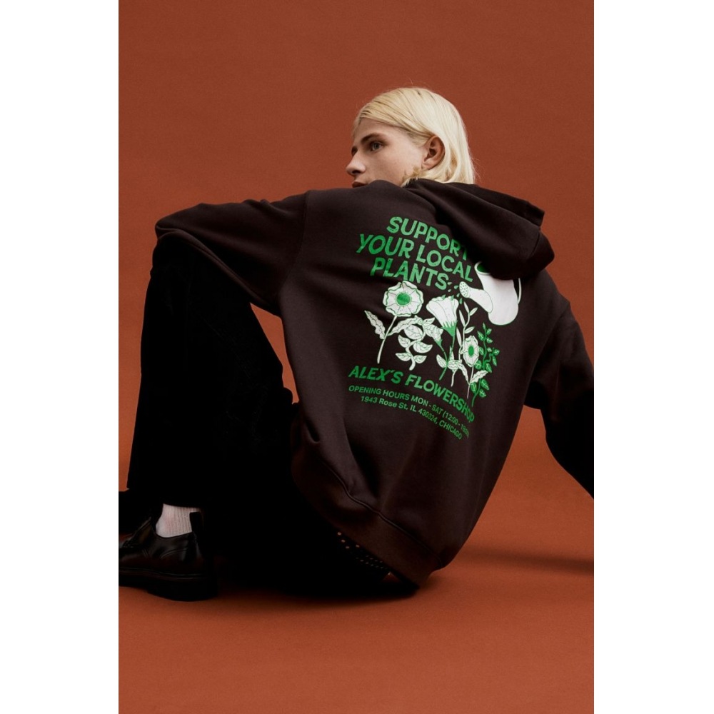 H&M ルーズフィットプリントフーディーブラウン/アレックスフラワーショップ