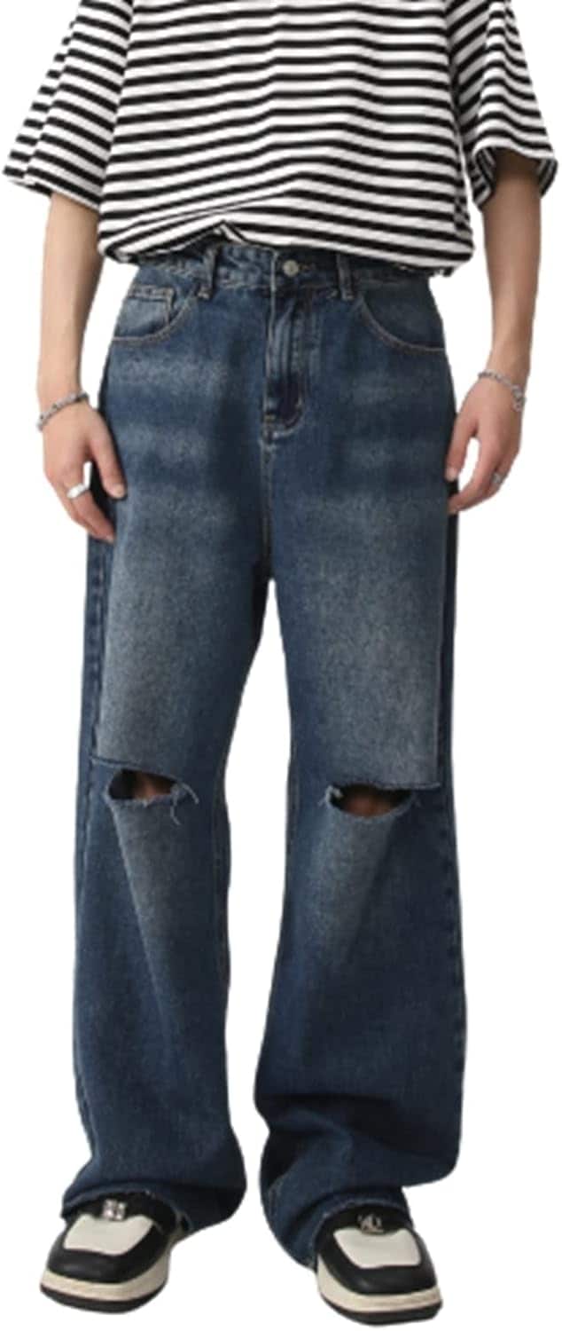 デニムパンツ メンズ ダメージ加工 ジーンズ ワイドパンツ ハイストリート ハイウエスト カジュアル Ｇパン ロングパンツ ルーズ ワイド ウォッシュ シェービング加工 ヒップホップ シュー