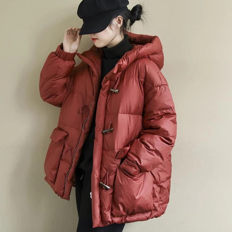 大きいサイズの秋冬アウター新型韓国ゆるい文芸復古牛角ボタンパーカーダウン綿服コート