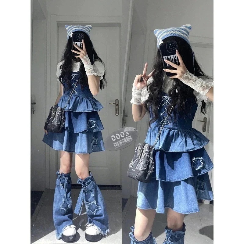 新入荷 3点セットシャツ+ストラップスカート+脚セット セットアップ レディース レトロ風デニムキャミソールワンピースポンポンスカートセット