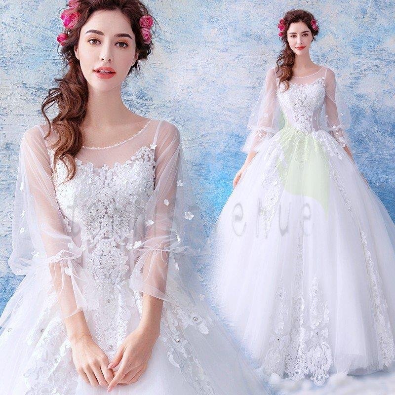 ウェディングドレス 袖あり 白 安い 大きいサイズ 結婚式 花嫁 ドレス 姫系 披露宴 ロングドレス