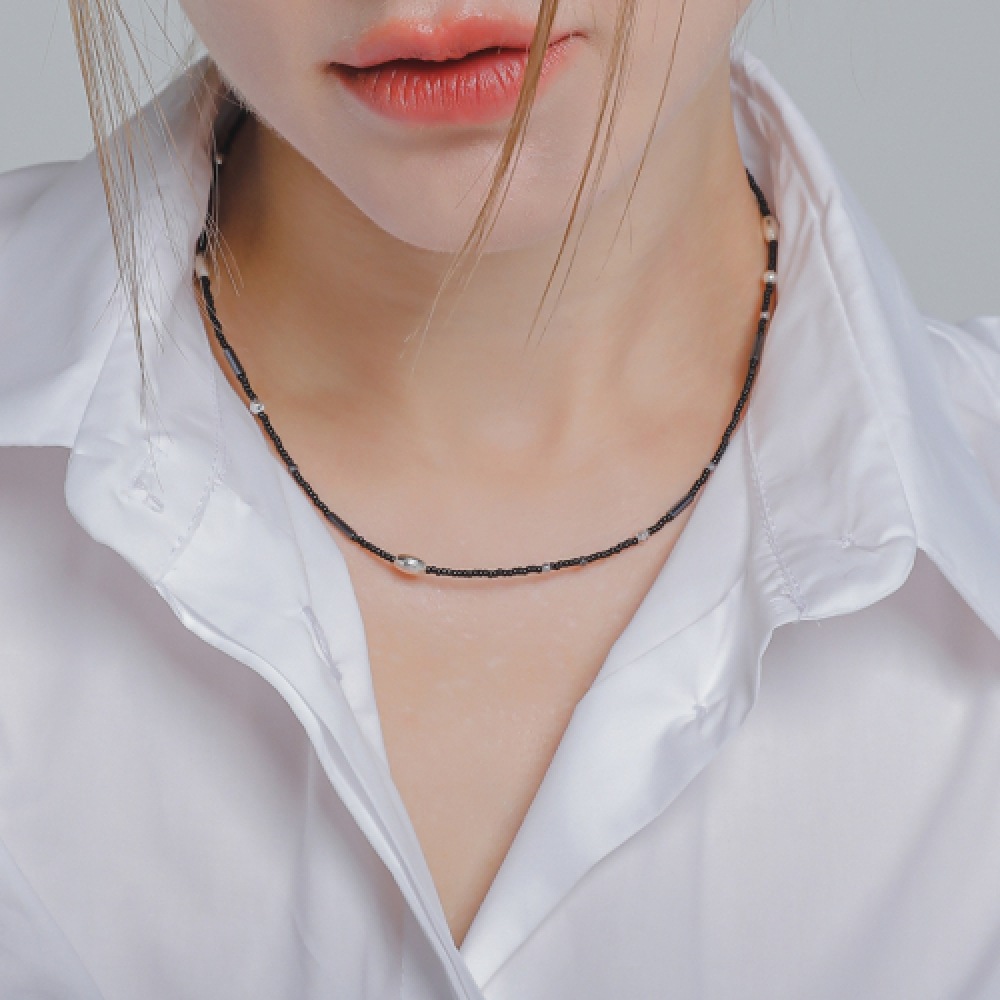 JLAUREN ブラックシードカッティングシルバーボールネックレス N01100