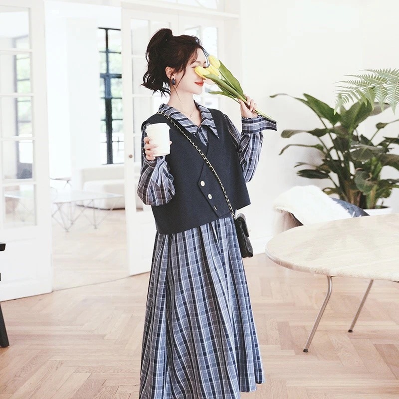 可愛いチェックシャツワンピースセミロング秋服レディース韓国ファッションベストアウター二点セットアップ2023人気新作人気新作