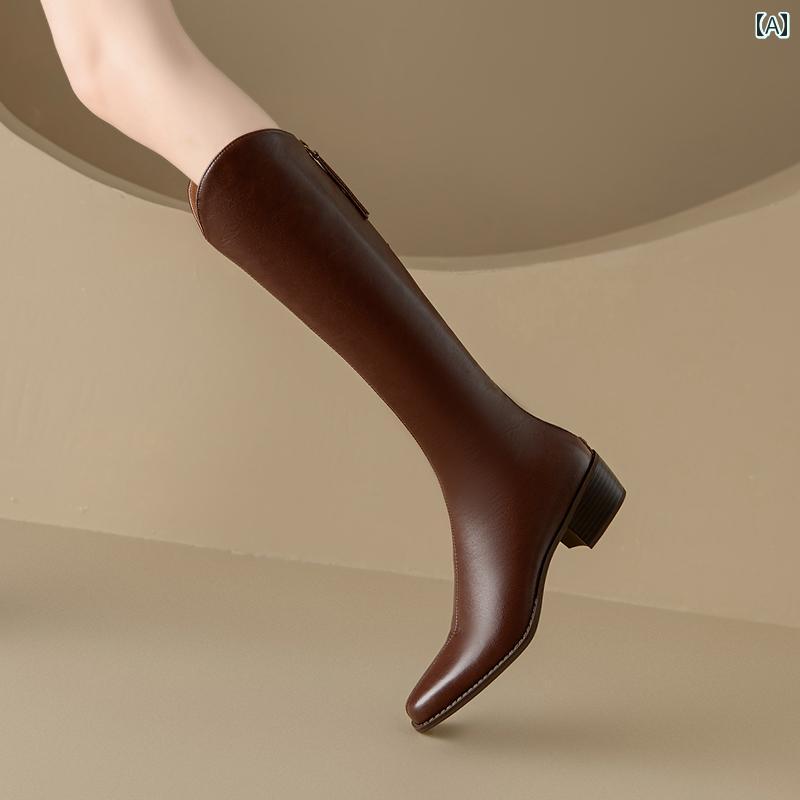 ロングブーツ レディース タイトフィット シンプル おしゃれ スタイルアップ 女性用 レトロ スリム Vネック ブーツ 膝丈 スクエアトゥ 革 ブーツ ミディアム ヒール 太め ヒール ブラウン トー