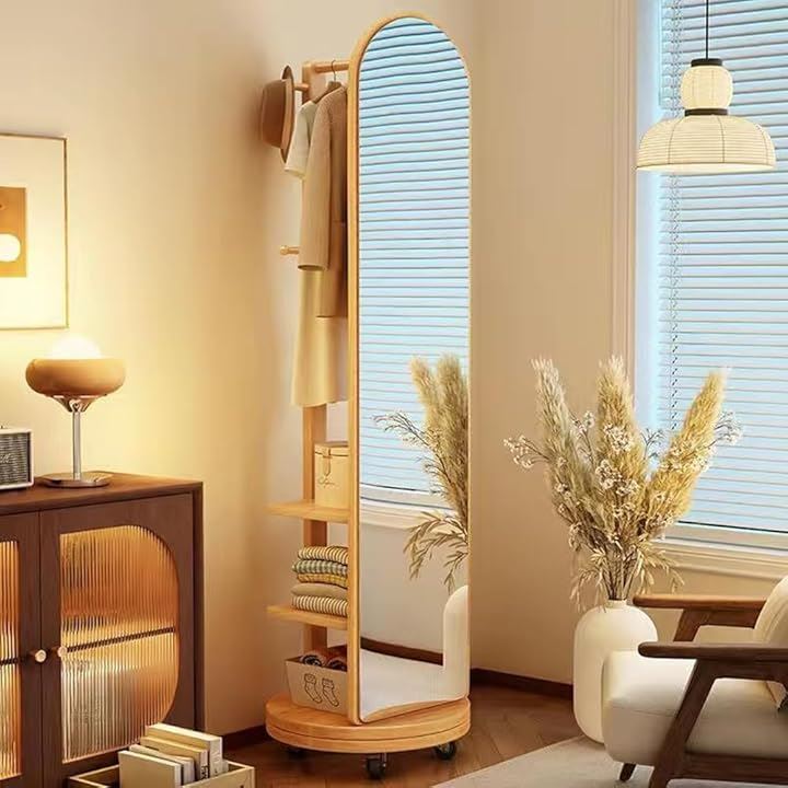 全身鏡 全身ミラー 360度回転 収納付ミラー ミラーラック 木製 木目調 ハンガーラック付き ハンガーフック付き(ナチュラル(キャスター付き), 長さ172 x 幅50 cm)