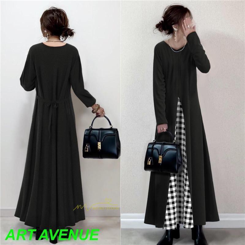ロングチェッカードレスフェイクレイヤードスタイルレディースVネック冬秋服春30代40代50代