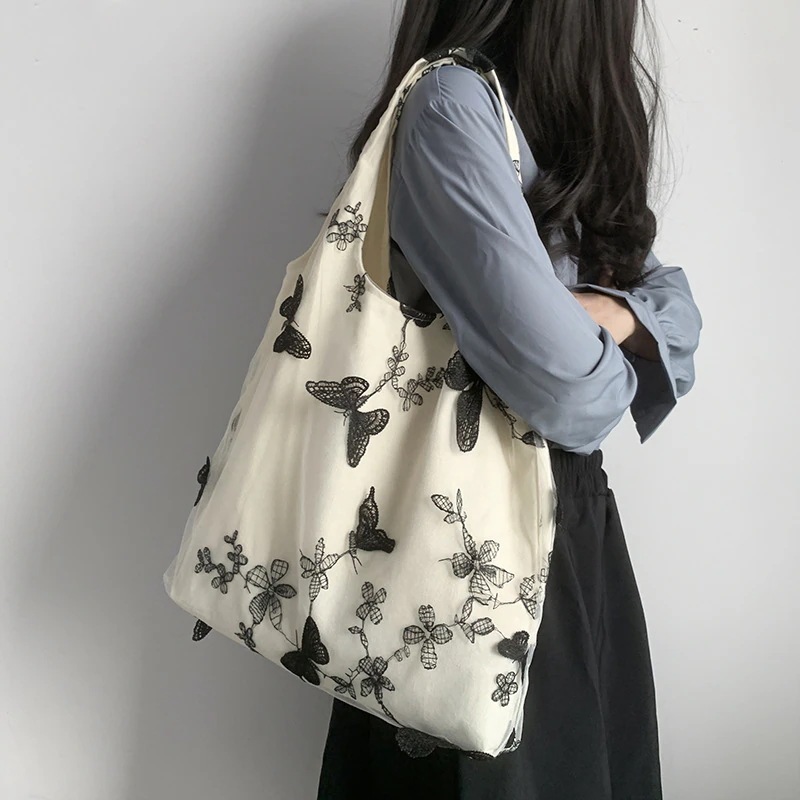 花蝶 刺繍 レース カジュアル レディース ズックバッグ 大容量 肩掛けカバン