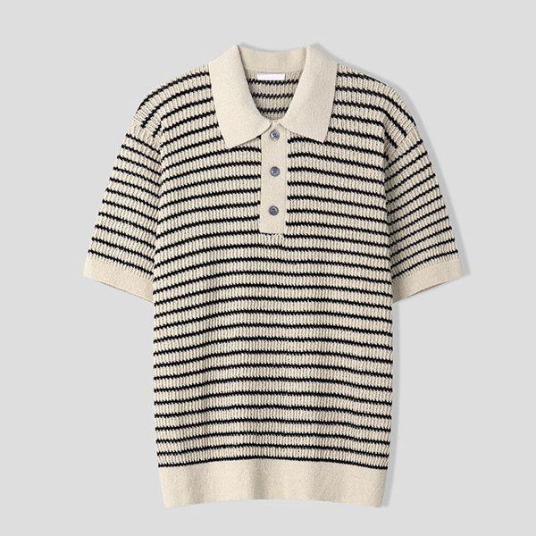 メンズ ストライプ ブークレ カラーネック 半袖 ニットTシャツ AS KNH Q001 グレーベージュ_P422498574