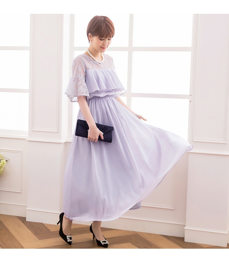 さわやか甘風レースのパッチワーク中袖丸襟シフォンメッシュのロングワンピース