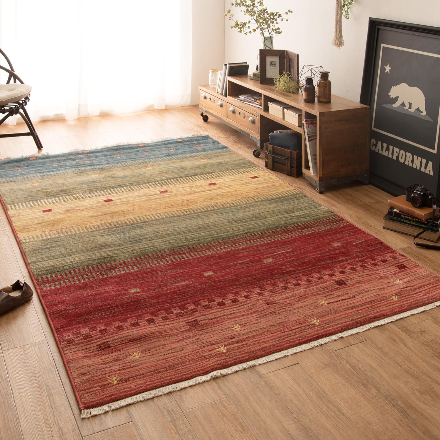 萩原 ウィルトン織ラグ 約140×200cm RAKKAS トワル ギャッベ柄 民族柄 ホットカーペット床暖房対応