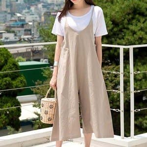サロペット レディース オールインワン ノースリーブ ワイドパンツ リネンパンツ 無地 ボトムス 綿