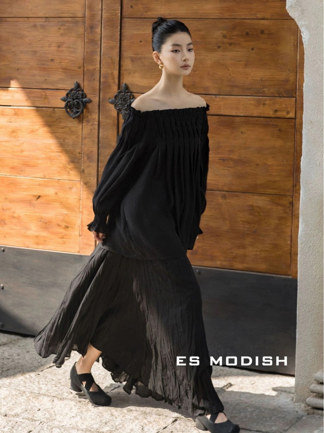 Tシャツカットソー 【ES MODISH】 春/新作/セレブスタイル/ワンショルダー/プリーツ/プルオーバー/長袖/トップス/スウィート部門/ゆったり/レディース