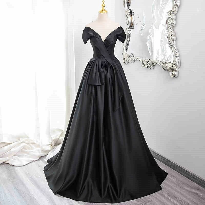 カラードレス ロングドレス パーティードレス オフショルダー ブラック 黒 深いVネック 半袖 ウェディングドレス ウエディングドレス 結婚式 二次会 花嫁 前撮り 演奏会 発表会 カクテルドレス 披