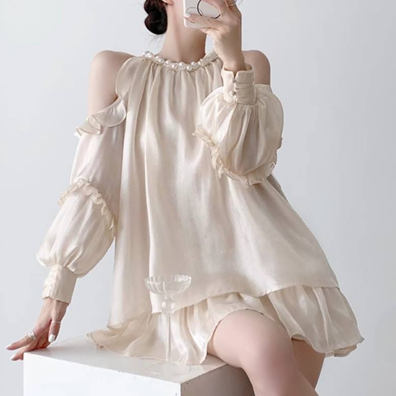 レディース スカート ワンピース ドレス ミニスカート ミニ ショート 長袖 ホルターネック オフショルダー フェミニン フリル 薄手 サテン かわいい 大人可愛い きれいめ シンプル カジュアル 上