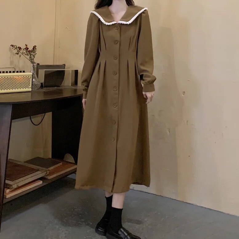 2color レディース ビッグカラーウエストタックワンピース ロングワンピース 長袖 襟付き
