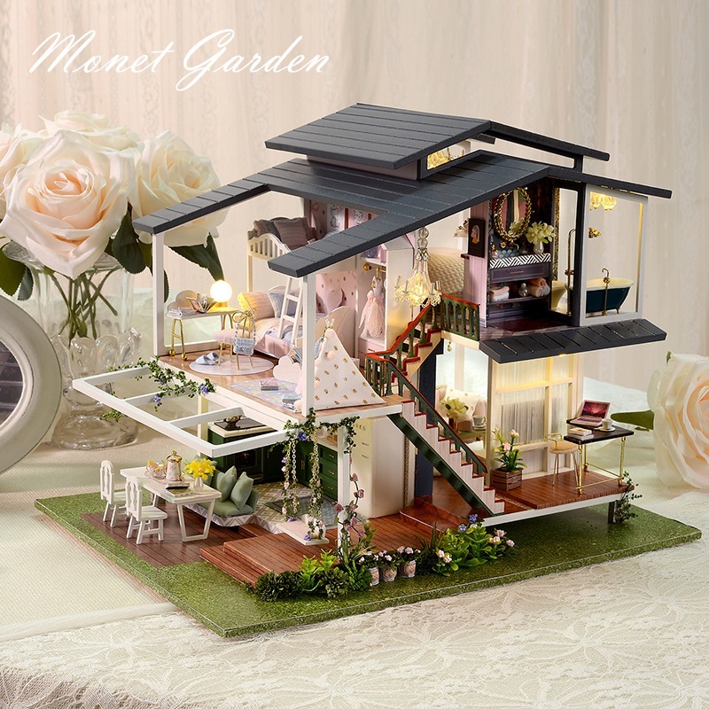 ライトなし智趣屋のミニチュアハウスモネの庭組み立て式フランスヴィラ建築模型女性への誕生日プレゼント