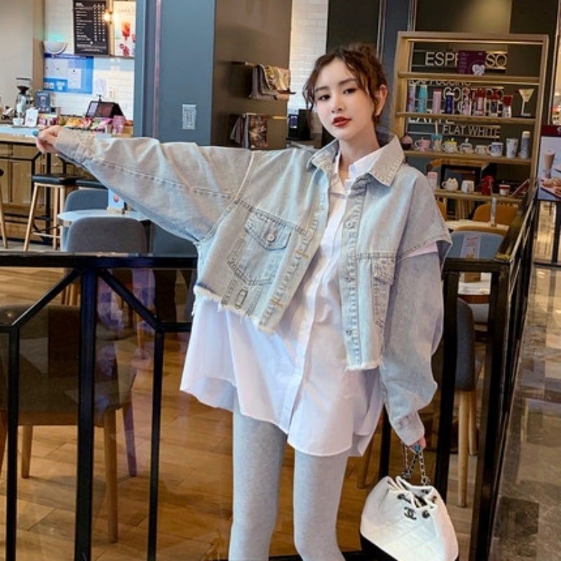 デニムベスト セットアップ シャツ ベスト 白シャツ ショート ショート丈 ミディアム丈 半端丈 クロップド 長袖 ドロップショルダー 襟付き ストレート ワイド Aライン 切り替えデザイン 前開き 7,542円