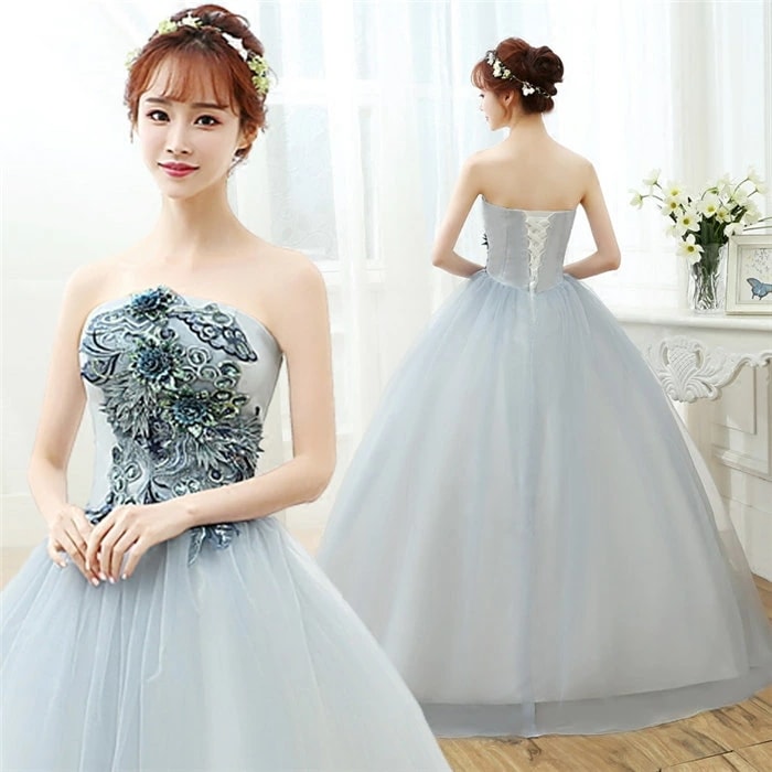 ブルー/グレー　カラードレス　二次会ドレス　パーティードレス　ウェディングドレス　演出舞台　発表会　演奏会用ドレス ロングドレス プリンセスライン　ステージ衣装・二次会・花嫁衣裳にも