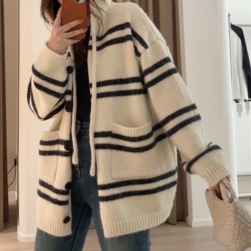韓国のの新スタイルフード付きストライプニットカーディガンレディーストップスゆったり怠惰なスタイル大きいサイズソフトワックスセータージャケット