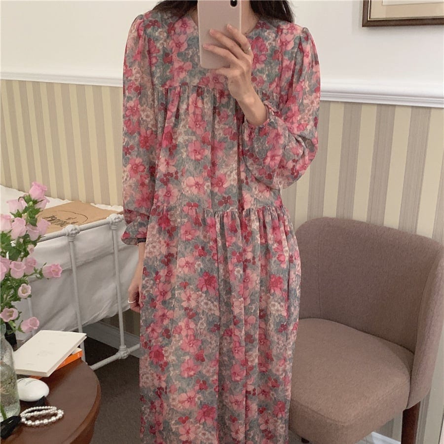 2color レディース ワンピース 花柄ワンピース シフォンワンピース 膝下 ミモレ丈 袖あり