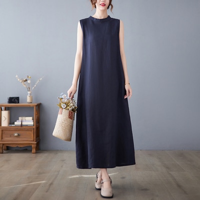 ワンピース フレアワンピース ロング ロング丈 マキシ マキシ丈 袖なし ノースリーブ Uネック Aライン バックシャン バックコンシャス 綿 麻 リネン かわいい 大人可愛い シンプル おしゃれ