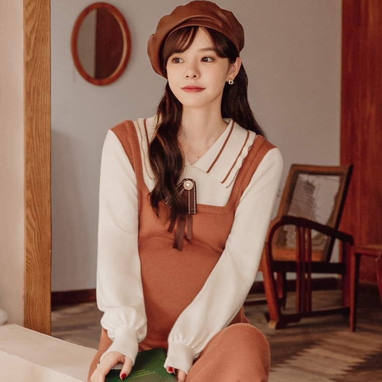 【送料無料】マタニティ ワンピース レイヤード風 Vネック 襟付き パフスリーブ パール