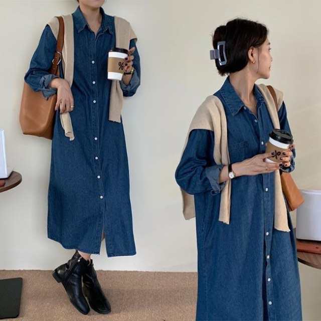 春 夏 デニムワンピース レディース ワンピース 長袖ワンピース 春 デニム ロングシャツ ゆったり シャツワンピ ストール付き ２点セット デニムシャツ