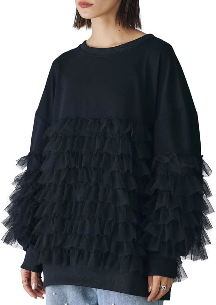 チュールフリルプルオーバー レディース スウェット チュニック丈 ラウンドネック ボリューム袖 ゆったり 長袖 モード フェミニン シャレ感 ダボっと ふわ 柔らかい(ブラック, L)