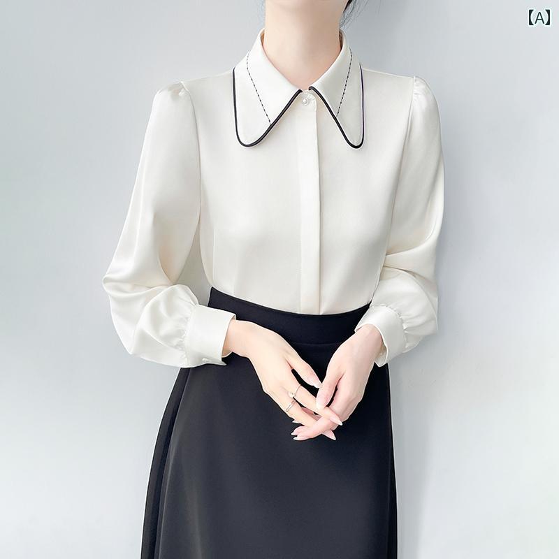 レディース シャツ ブラウス 長袖 春秋 韓国版 ドール襟 オフホワイト 黒タイ装飾（取外し可） 黒ラインステッチ ユニークデザイン フレンチスタイル エレガント クラシック スタイリシュ