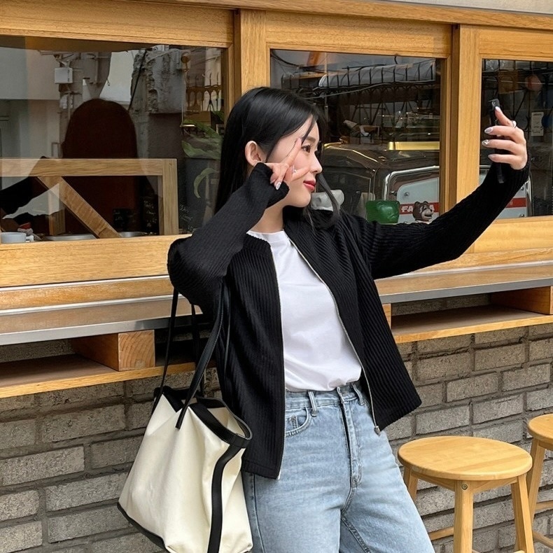 トップス カーディガン レギュラー丈 袖あり 長袖 萌袖 襟なし ファスナー リブ 前開き 伸縮性 ニット かわいい 大人可愛い きれいめ シンプル カジュアル 大人 上品 おしゃれ かっこいい