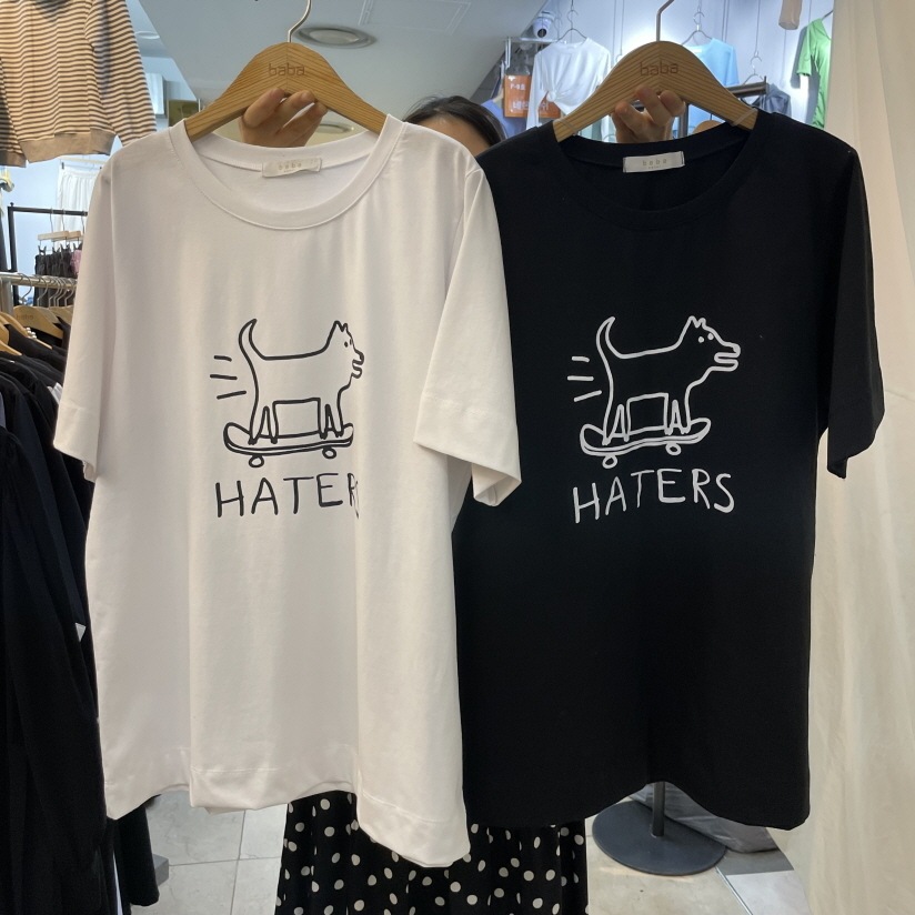 ゆるキャラプリント アートデザイン シンプルカラー トップス Tシャツ シャツ プルオーバー 白シャツ 袖あり 半袖 5分袖 Uネック ラウンドネック スリム ストレート Iライン スマート かわいい