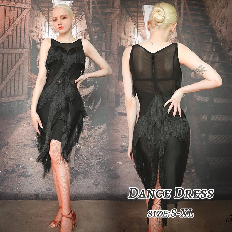 【急速出荷!】社交ダンス ラテンドレス チャチャチャ ルンバ サンバ レッスンウェア 演劇 演出用 練習着 ドレス ワンピース ダンス パッド付き ダンスウェア ステージ イベント フリンジ ブラック