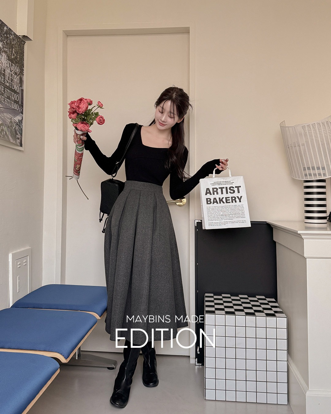 プリーツ入りロングスカート韓国ファッション レディース