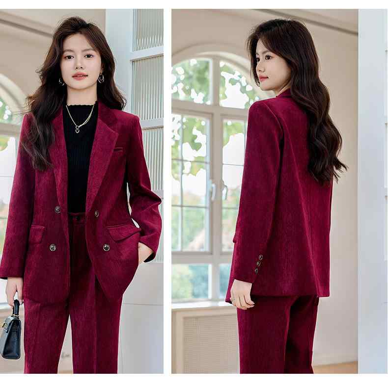 レディース パンツスーツ セットアップ コーデュロイ パンツ 上着 スーツ襟 赤紫ピンク 黒 茶色 エレガント 上品 大人おしゃれ スマート モダン スタイリッシュ フォーマル セレモニー