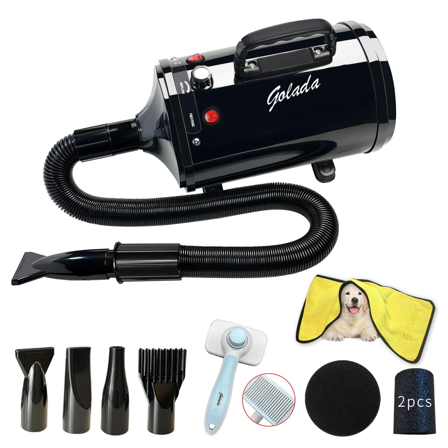 GOLADA 犬用ドライヤー 3.2HP/2400Wペットドライヤー（ブラック） Amazon | GOLADA犬用ヘアドライヤー 3.2HP/2400Wペット