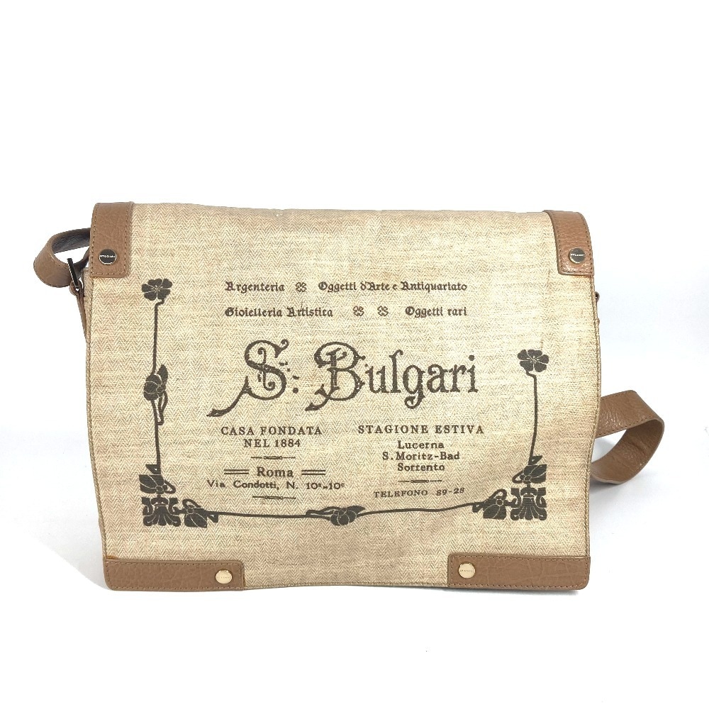 ショルダーバッグ ロゴ 斜め掛け カバン フラップ レザー/コーティングキャンバス ベージュ