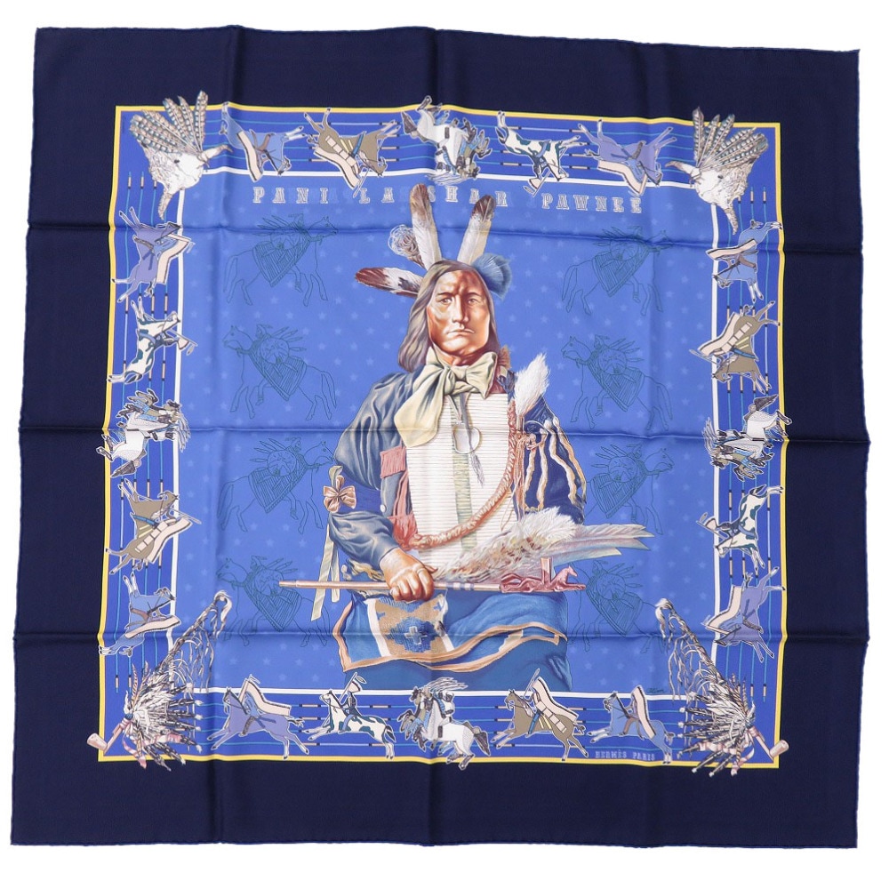 新品同様 カレ90 ダブルフェイススカーフ Pani la Shar Pawnee double face scarf パウニー族の首長 スカーフ シルク/シルク ネイビー 0208【中古】