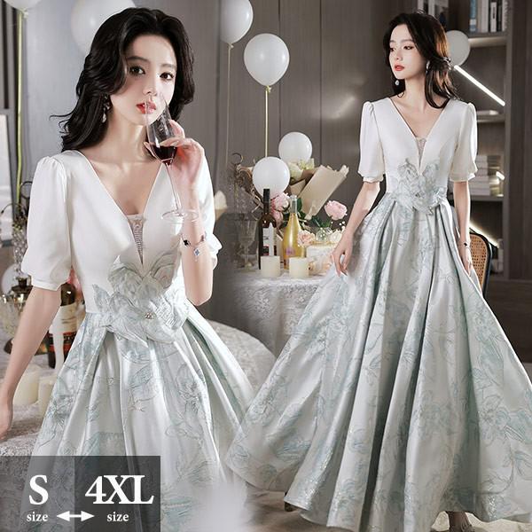 新品登場 ロングドレス 演奏会 ピアノ 発表会 ツヤ感 花レース 刺繍 グレードレス Vネック 袖あり ポワン袖 フェミニン エレガント大きいサイズ 5L 大人 母親 結婚式 体型カバー 謝恩会 卒業