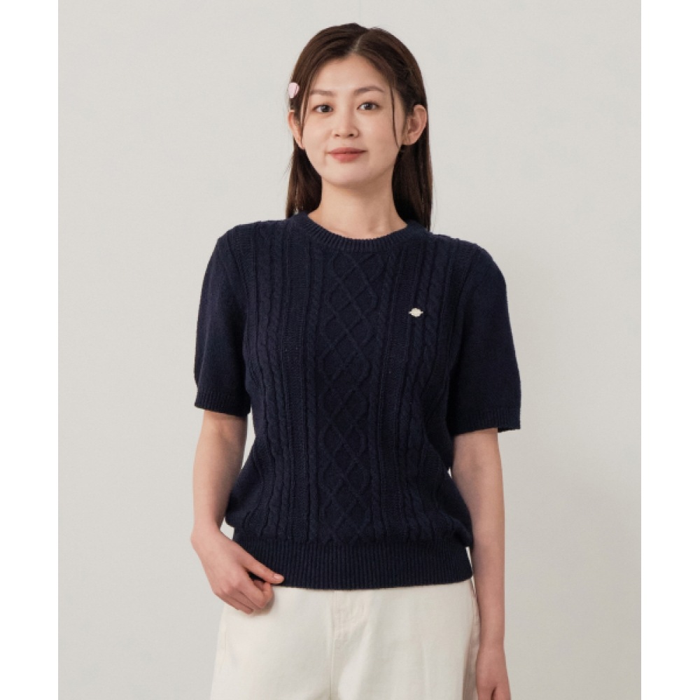 COVERNAT 女性用ケーブルラウンドネックハーフニットネイビー
