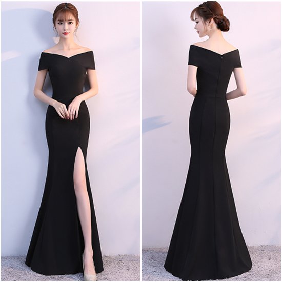 【取寄：納期2週間】演奏会ドレス 結婚式ドレス ロングドレス 大きいサイズ XL 2XL オフショルダー スリット エレガント フィッシュテール 半袖 ロングスカート シンプル フォーマル お呼ばれ