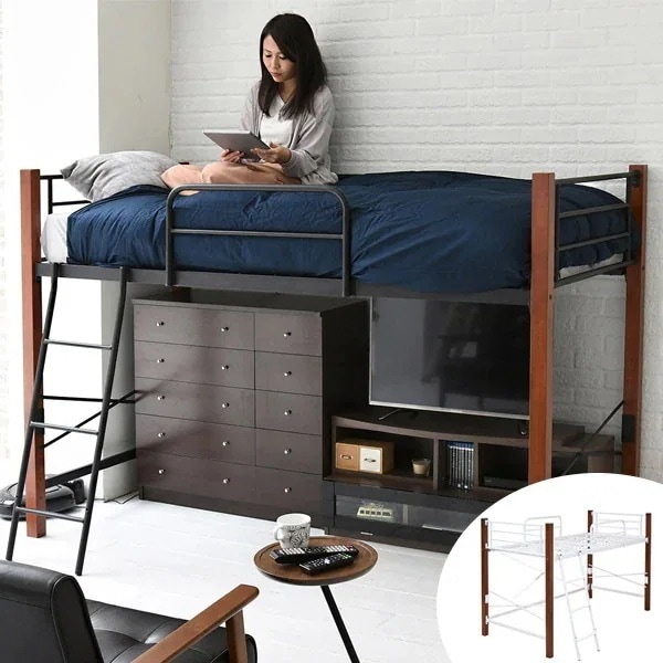 シングルベッド ハイタイプ 天然木脚 高さ140cm スチールベッド スチールベット ベット ロフトタイプベッド はしごベッド ベッド はしご 収納 ベッドパイプ ベッドフレーム シンプル