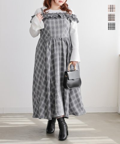 大きいサイズ レディース LL 3L 4L XL XXL XXXL CLETTEオリジナル2WAYフリルチェック柄ワンピース