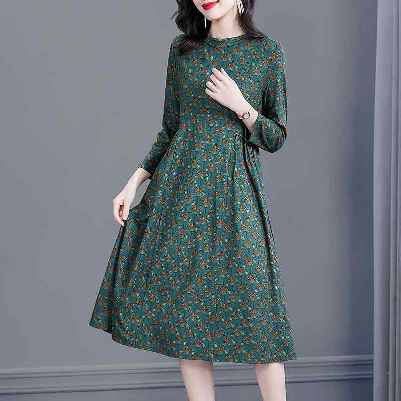 コーデ レディース ファッション オシャレ カワイイ シンプル きれいめ ナチュラル 上品カジュアル 婦人 ハイエンド ワンピース 長袖 グリーン 大きいサイズ スカート