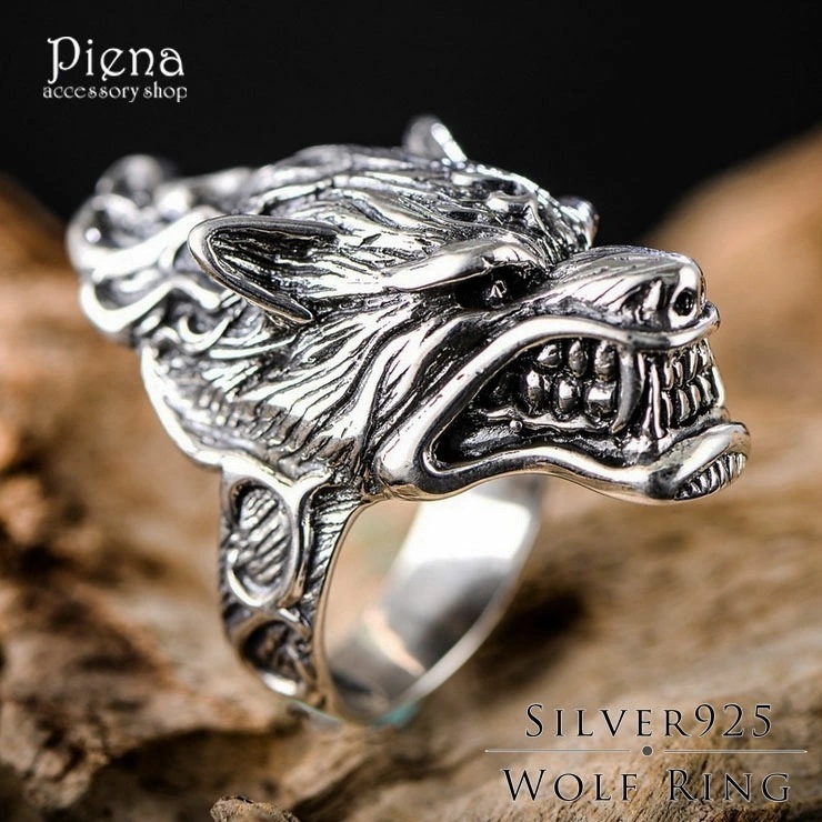 リング メンズ シルバー925製 狼 ウルフ フェイス 牙 リアル 燻し加工 迫力 銀製品 立体的 おしゃれ カッコいい ごつめ 大きい 存在感 ロック ワイルド ヴィジュアル系 ハード系 18号 1