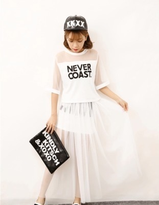 3273．スポーティセットアップカジュアルボトムス(ホワイト) 2019 春夏 プリントTシャツ チュールロングスカート