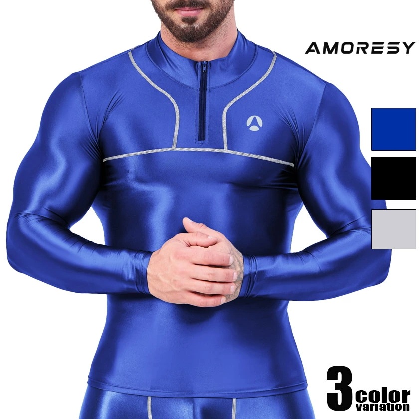 メンズトップス　AMORESY/アモレシー Jupiter Long-Sleeve Sports Top 光沢Tシャツ ピッチリ トップス ファッション　メンズ　ツヤツヤ　スベスベ　スポーツ　ジム 長